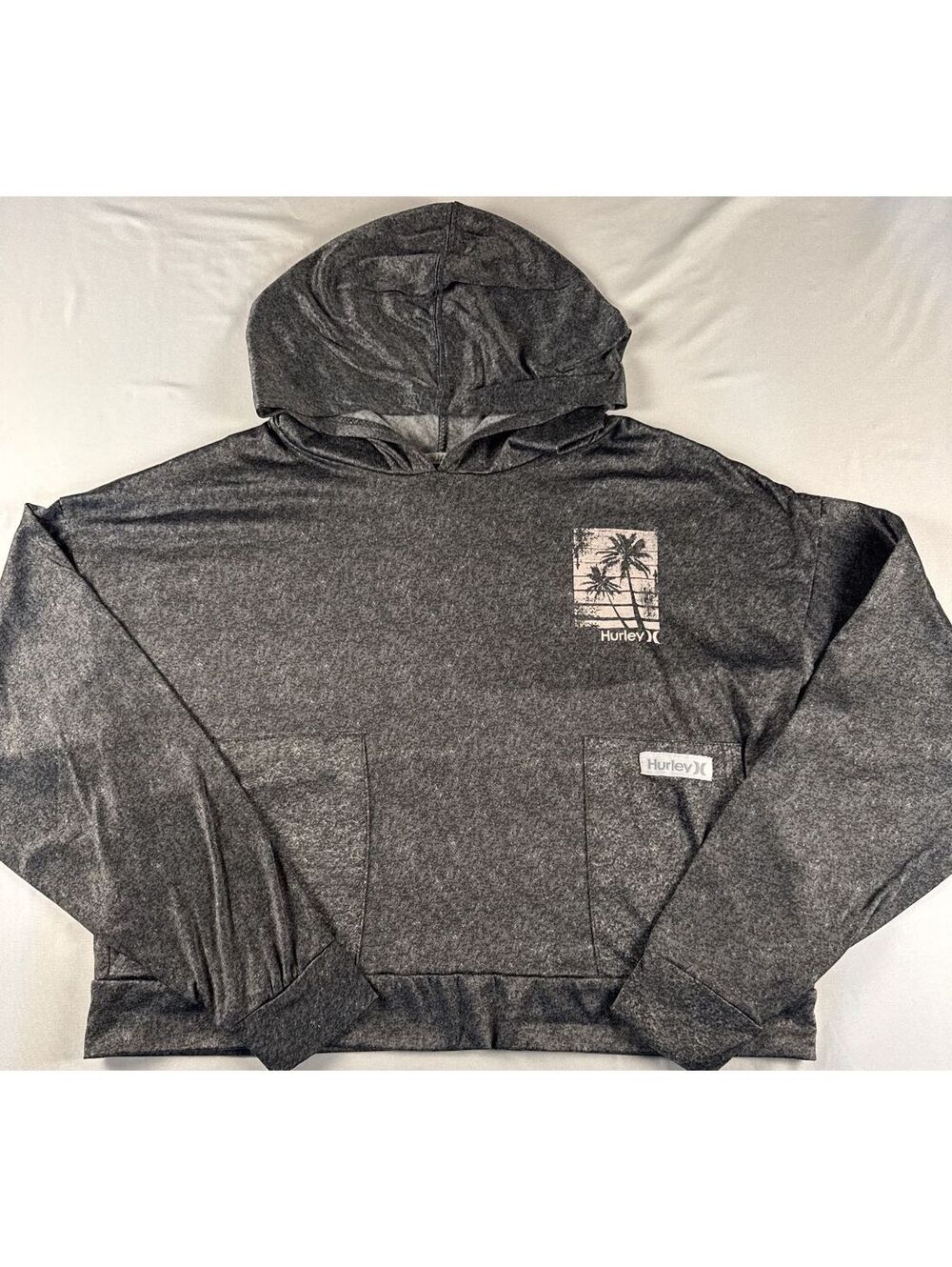Hurley Hooded Sweatshirt Pullover Large Gray Palm Tree Print